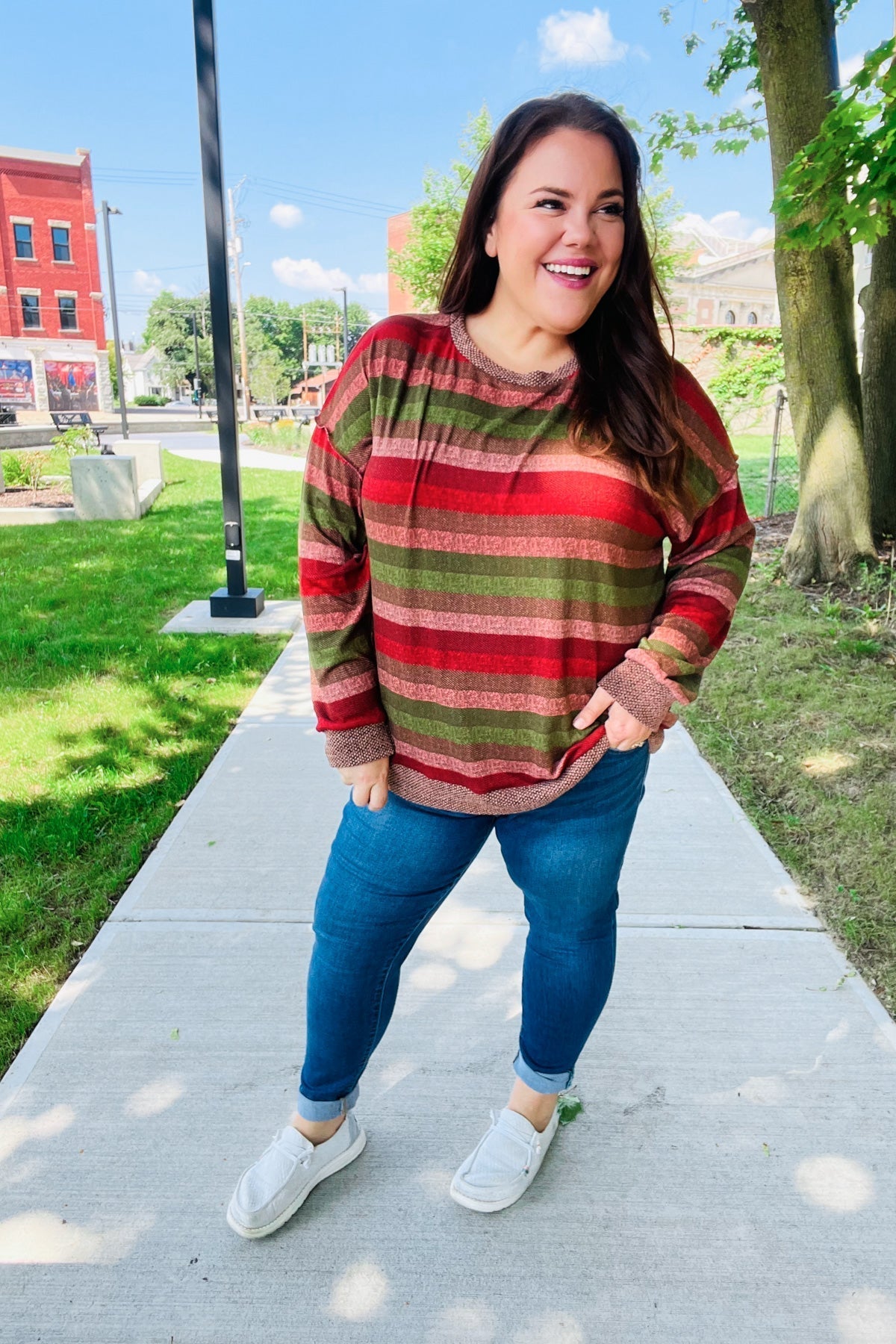 Marita | Perfectly You Olive and mauve striped two-tone tie-neck sweater top