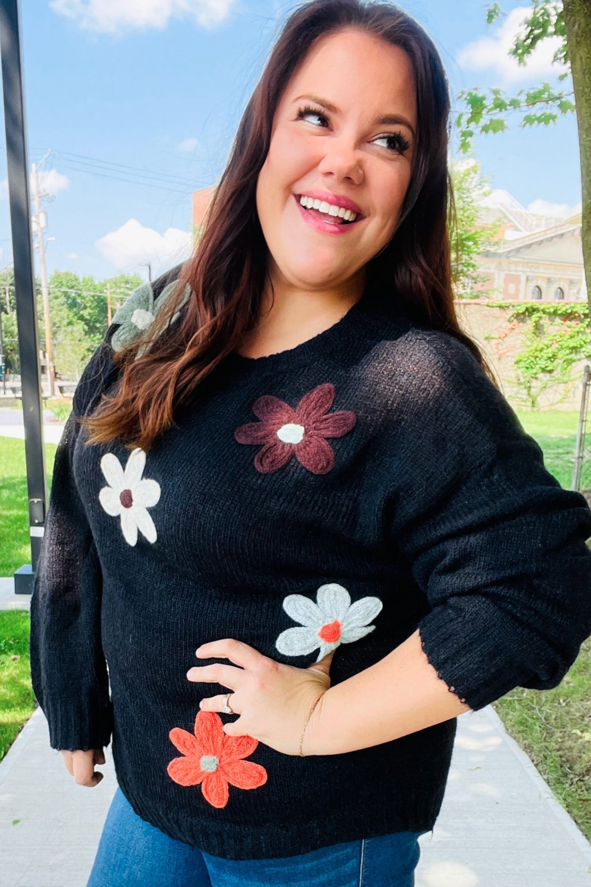 Luisa | Eyes On You oversized knit sweater with floral patch in black