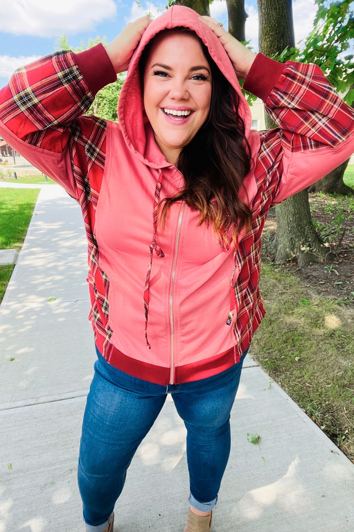 Aneta | Adorable marsala check French terry hoodie with color block zip fastening