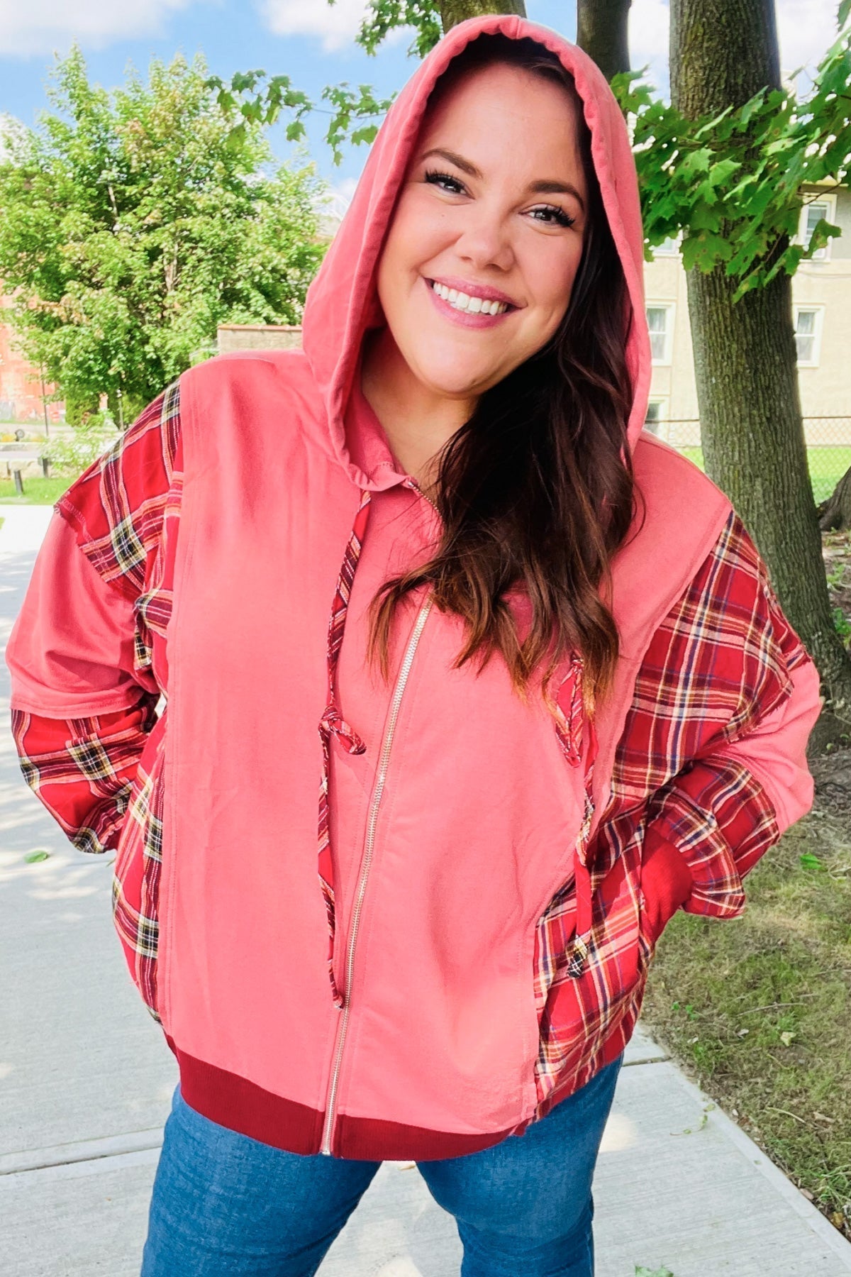 Aneta | Adorable marsala check French terry hoodie with color block zip fastening