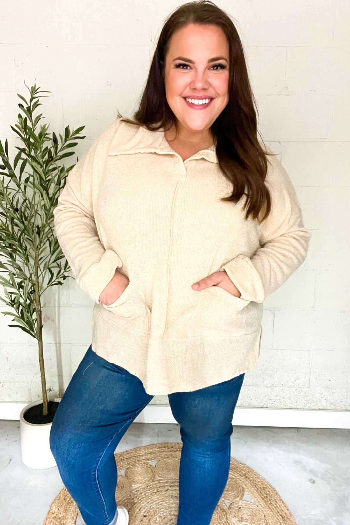 Anke | Easy Living oatmeal knit sweater with a notched neckline and oversized collar