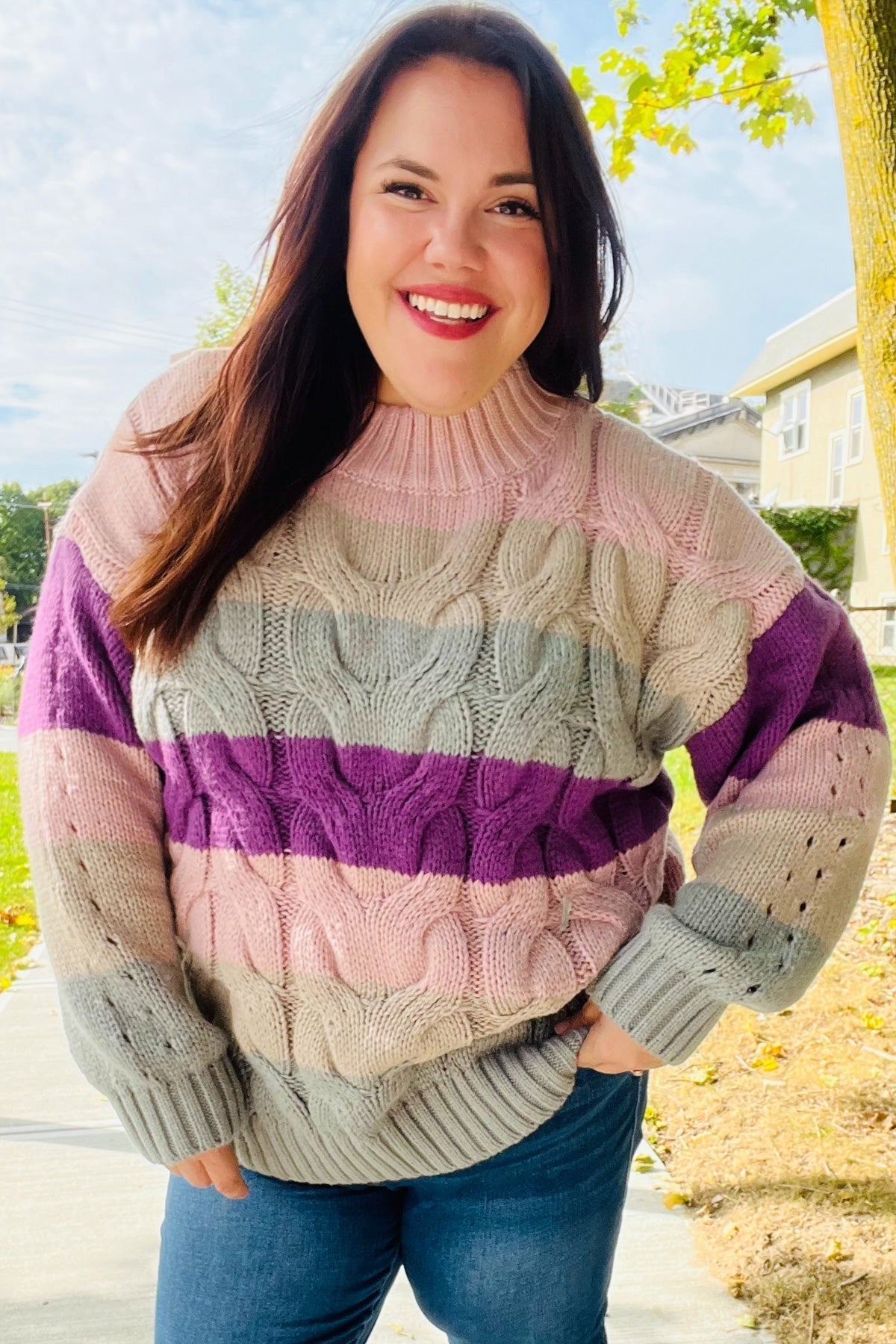 Aneta | Fall For You mauve multicolor striped cable knit turtleneck sweater