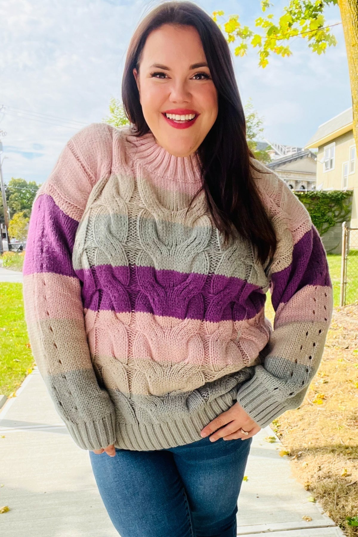 Aneta | Fall For You mauve multicolor striped cable knit turtleneck sweater