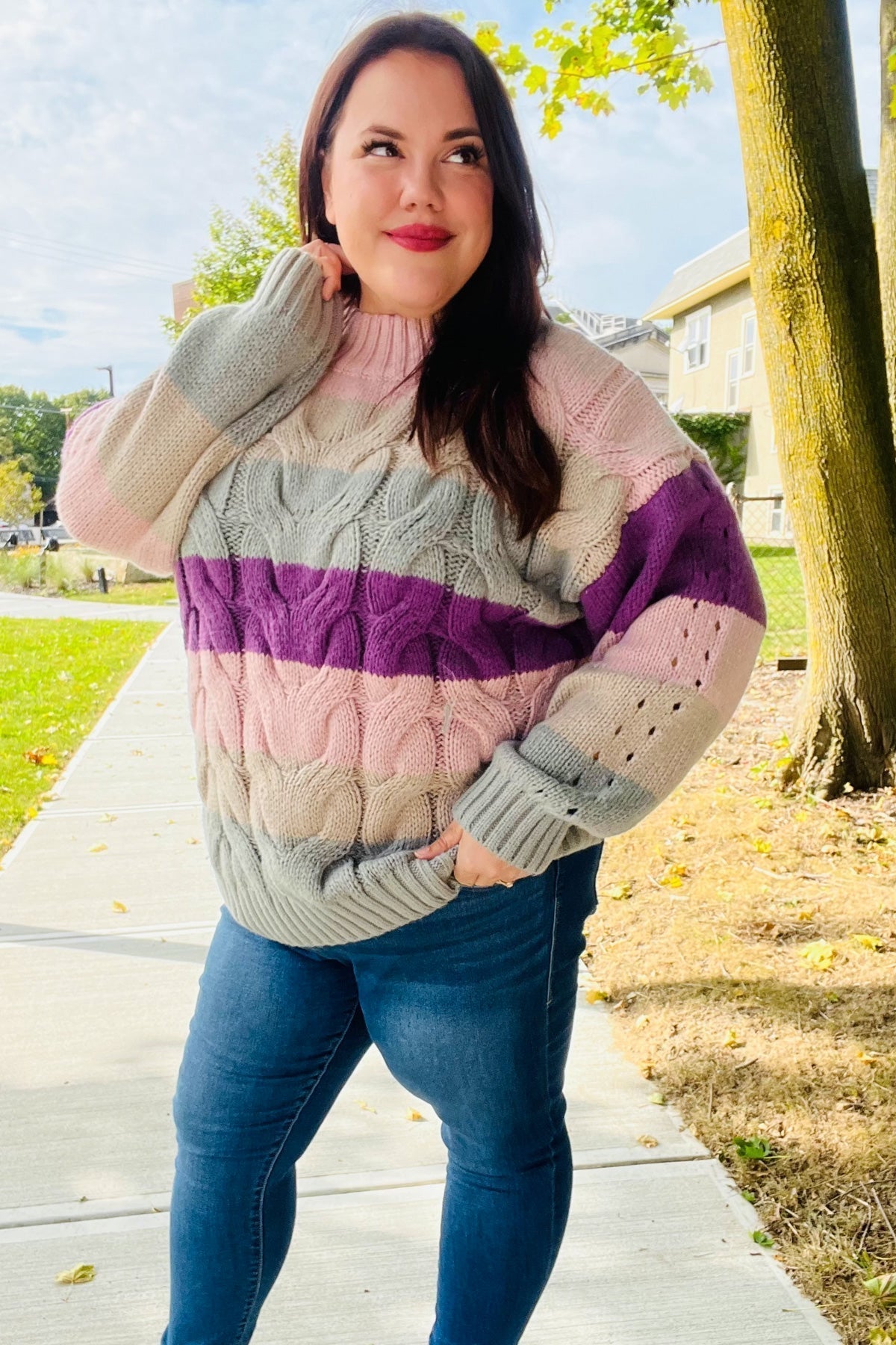 Aneta | Fall For You mauve multicolor striped cable knit turtleneck sweater