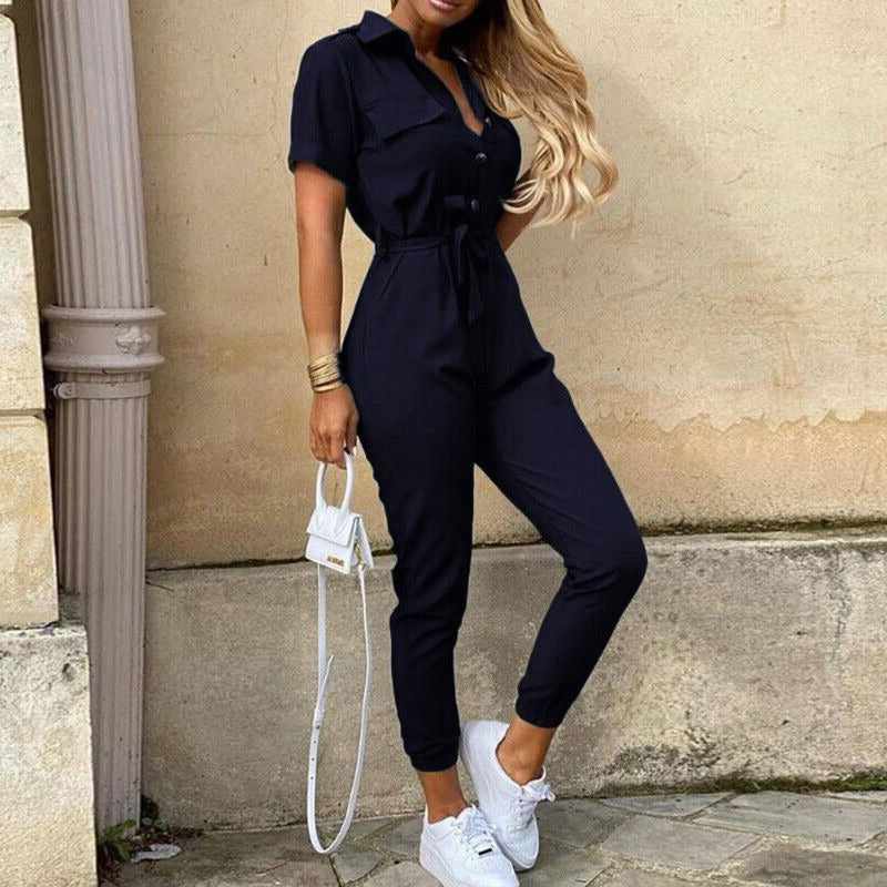 Reese | Lightweight Structured Fit Short Sleeve Jumpsuit With Button Closure