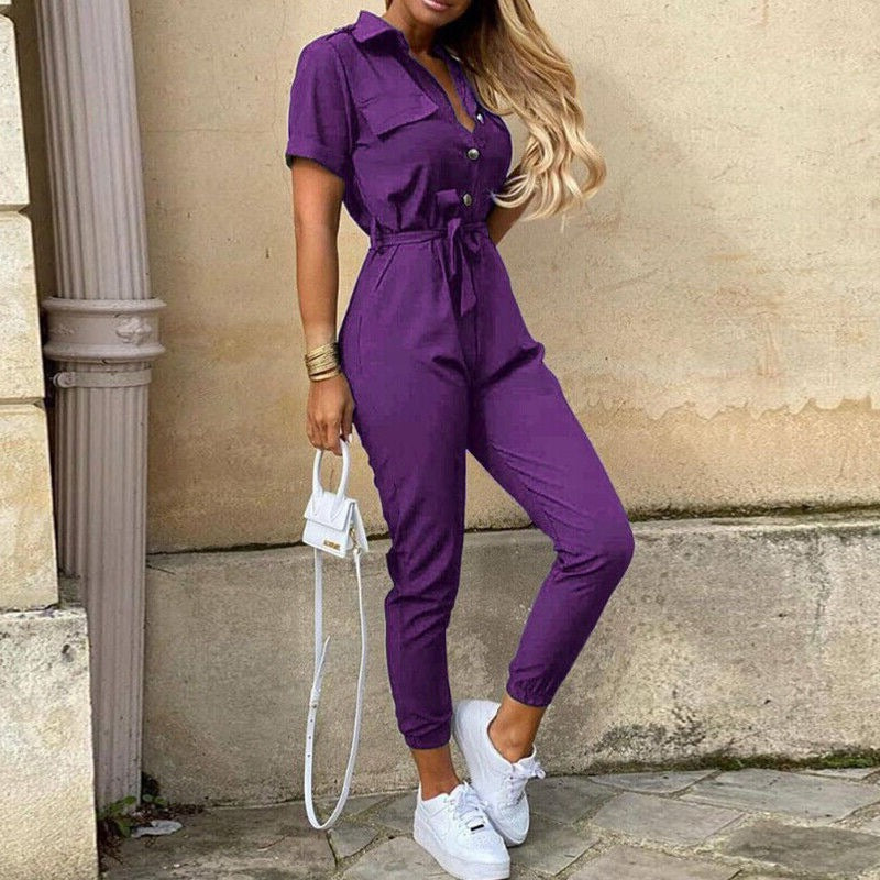Reese | Lightweight Structured Fit Short Sleeve Jumpsuit With Button Closure