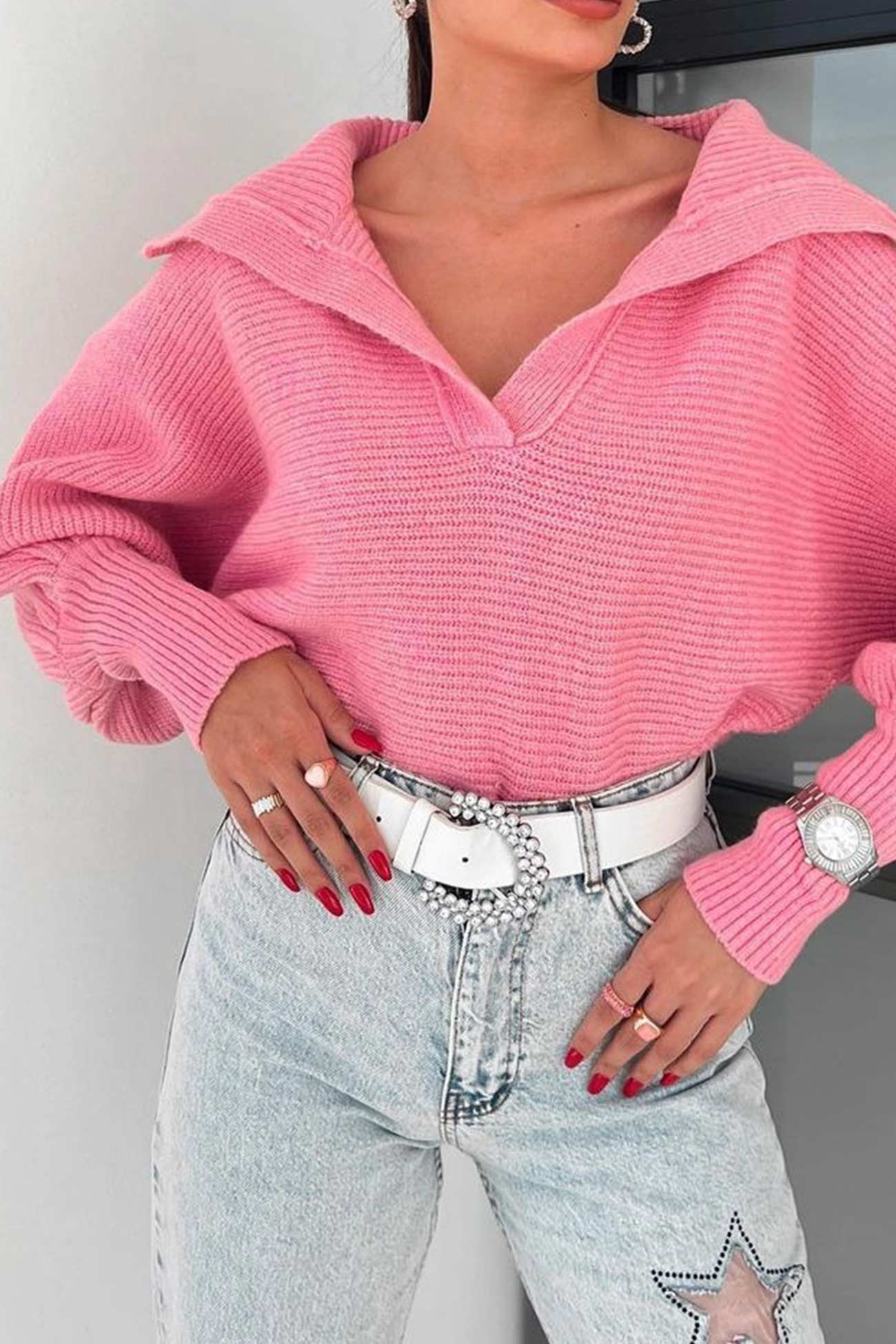 Carolina | V-neck lapel sweater with puff sleeves