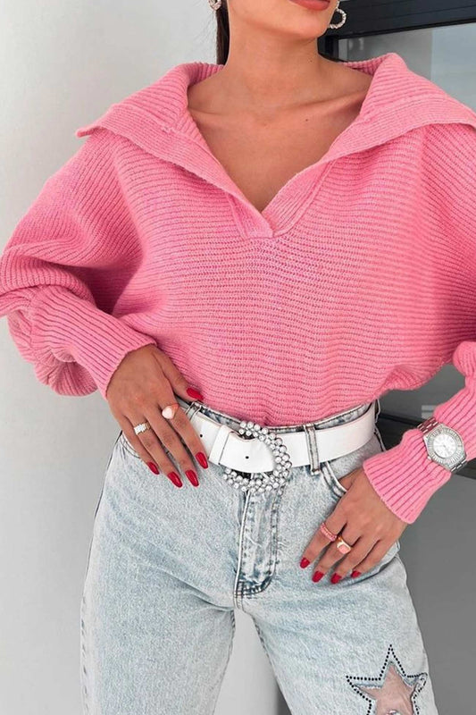 Carolina | V-neck lapel sweater with puff sleeves