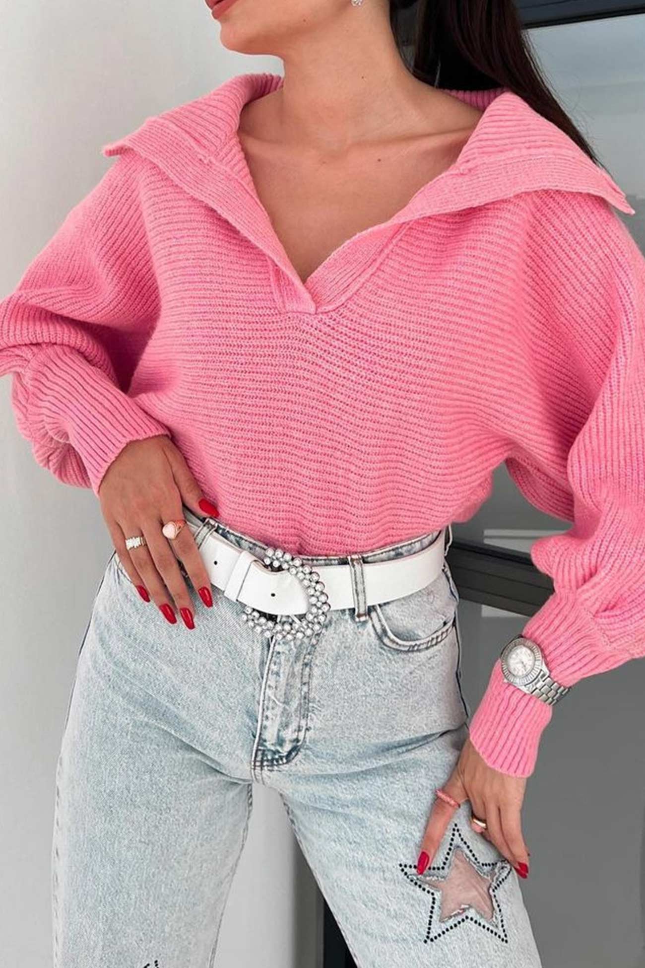 Carolina | V-neck lapel sweater with puff sleeves
