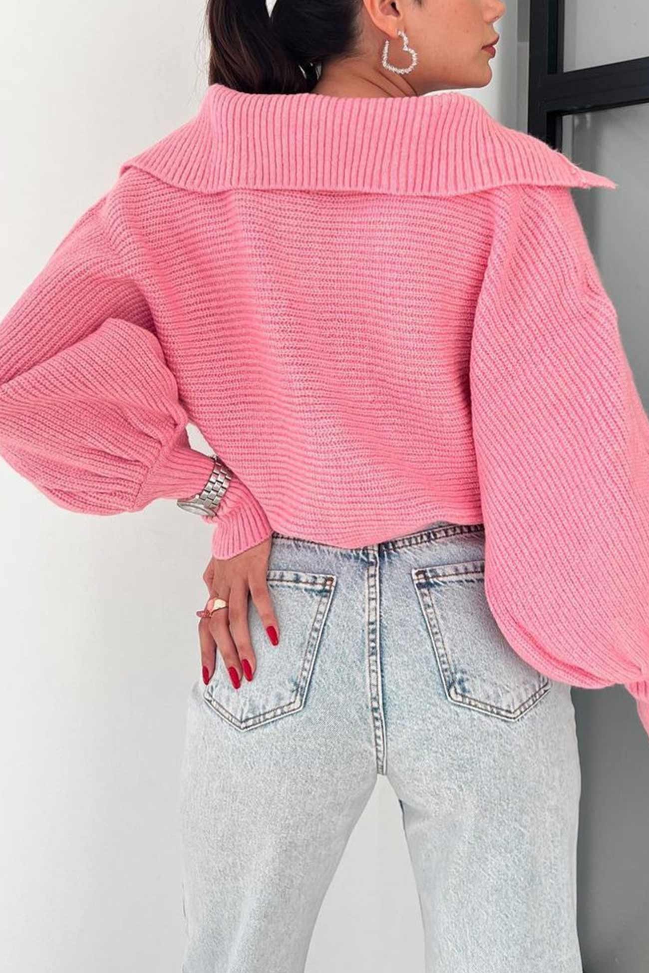 Carolina | V-neck lapel sweater with puff sleeves