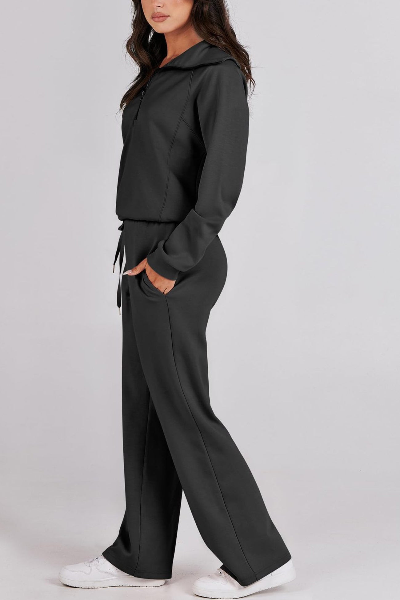 Doris | Wide leg long pants set with lapel zip sweatshirt