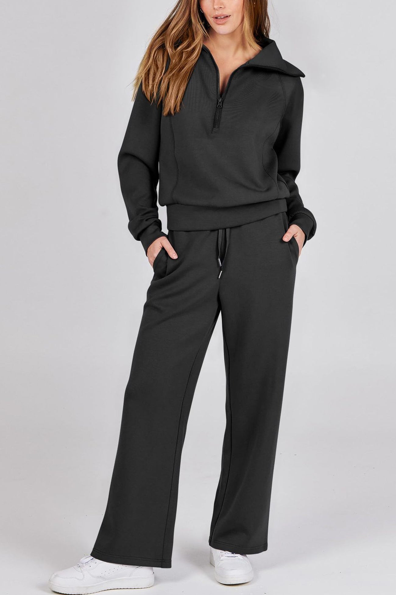 Doris | Wide leg long pants set with lapel zip sweatshirt