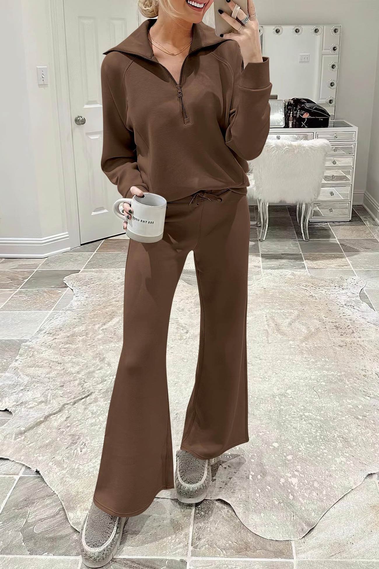 Gabriela | Lapel zip wide leg sweatshirt and long pants set