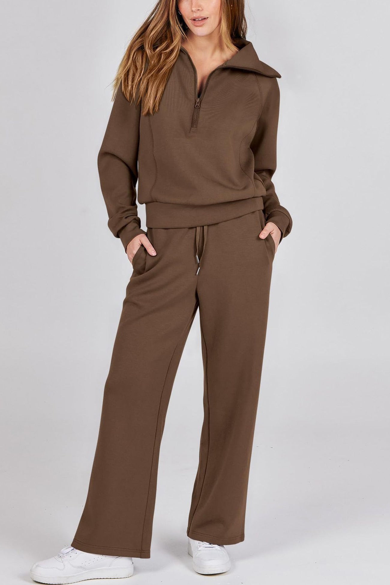Doris | Wide leg long pants set with lapel zip sweatshirt