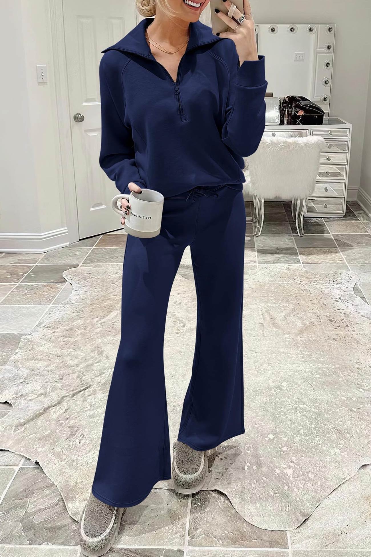 Gabriela | Lapel zip wide leg sweatshirt and long pants set