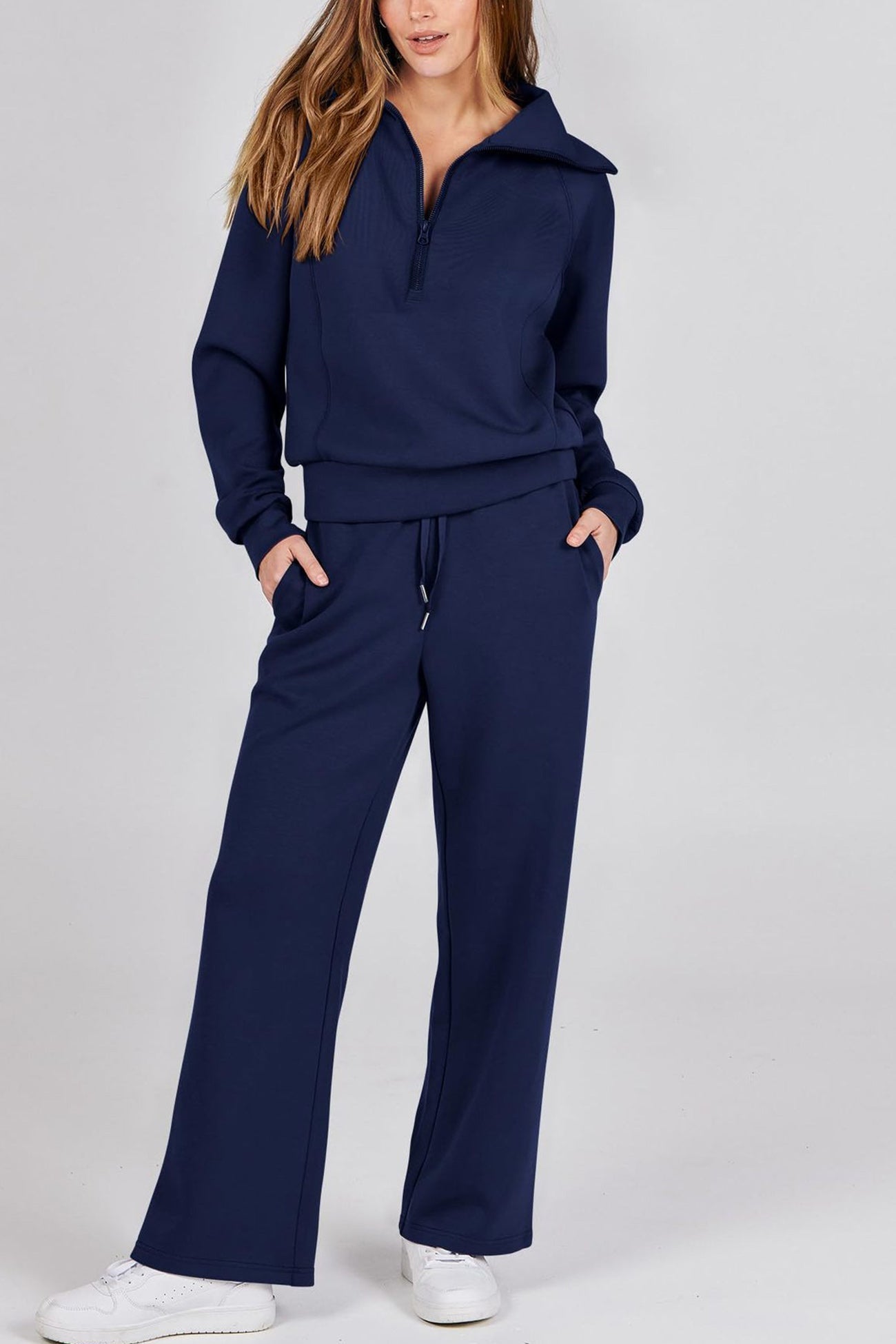 Doris | Wide leg long pants set with lapel zip sweatshirt