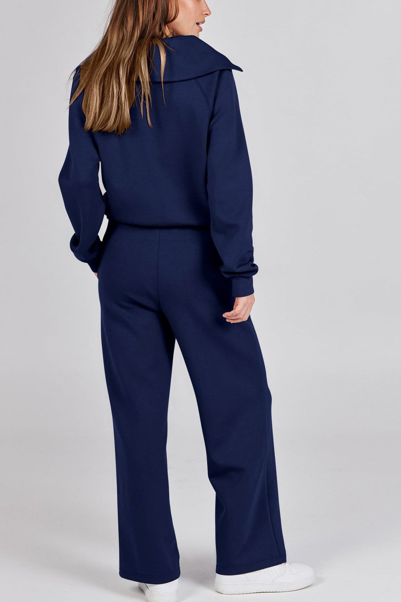 Doris | Wide leg long pants set with lapel zip sweatshirt