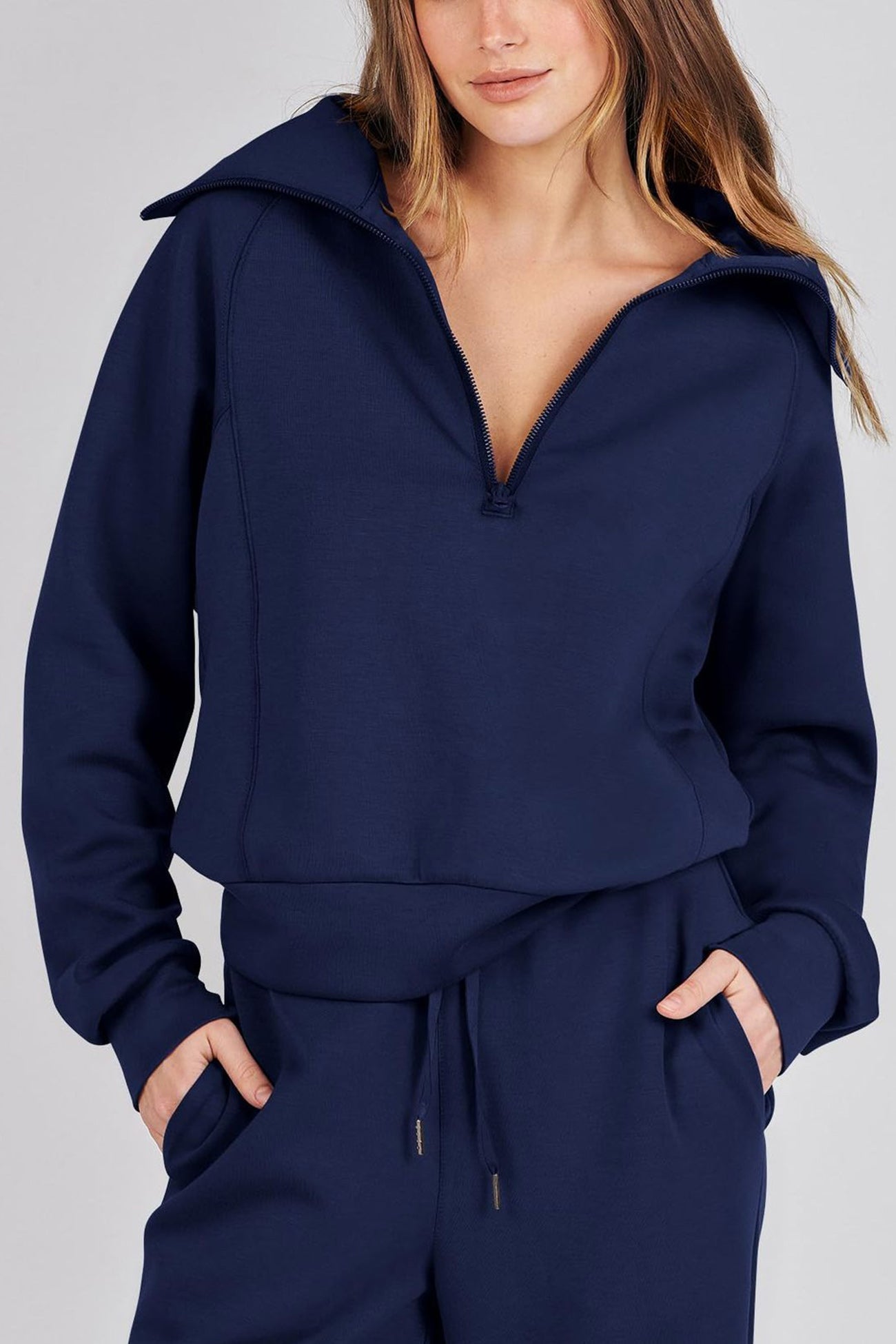 Doris | Wide leg long pants set with lapel zip sweatshirt