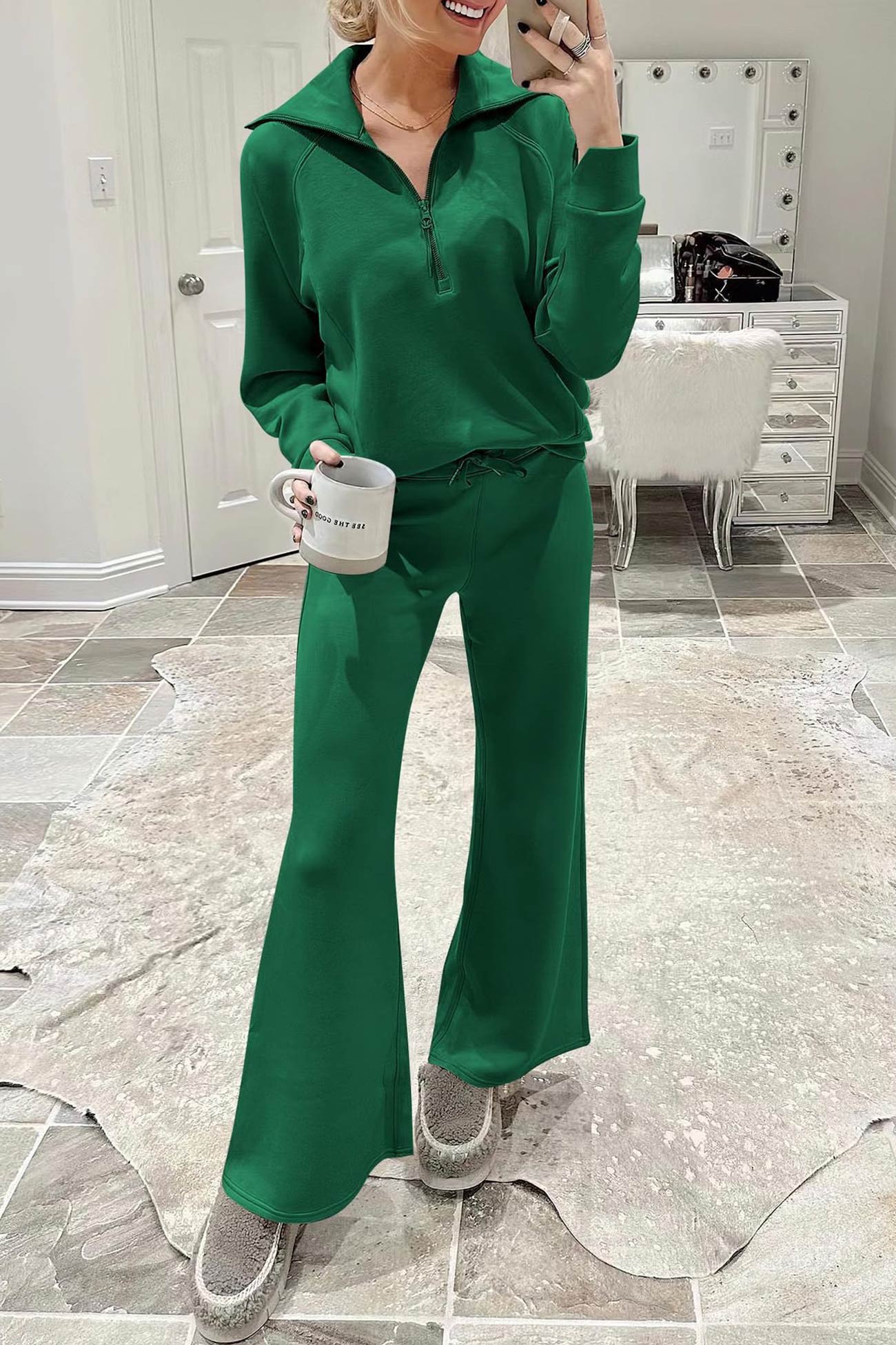 Doris | Wide leg long pants set with lapel zip sweatshirt