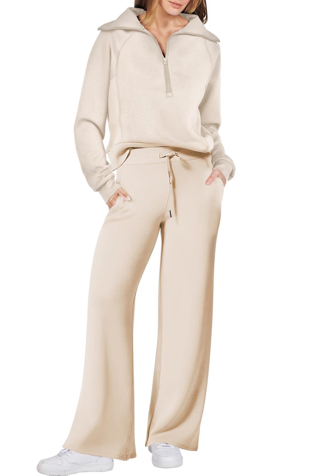 Doris | Wide leg long pants set with lapel zip sweatshirt