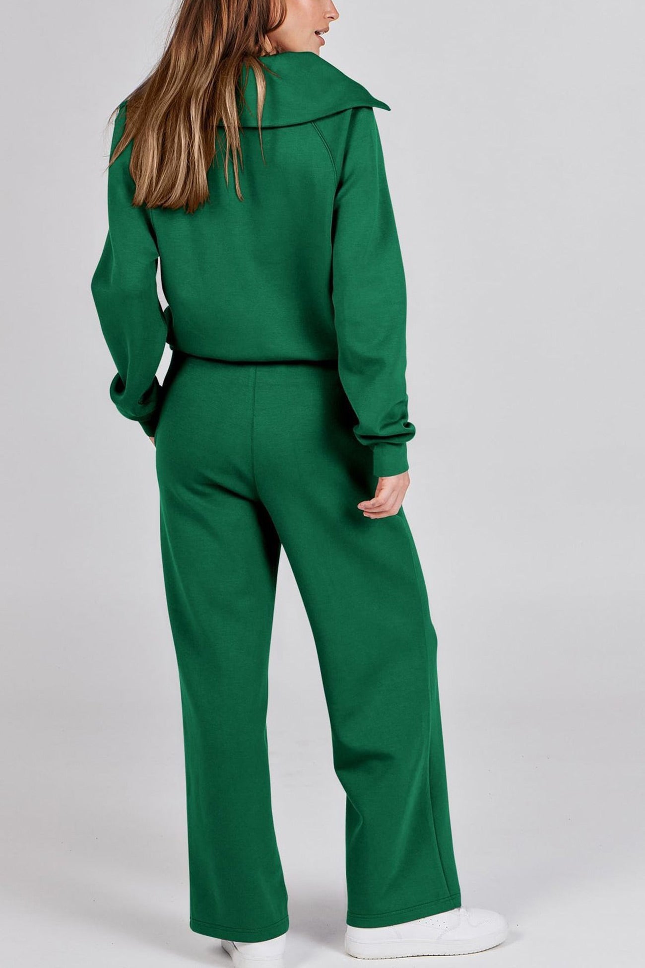Doris | Wide leg long pants set with lapel zip sweatshirt