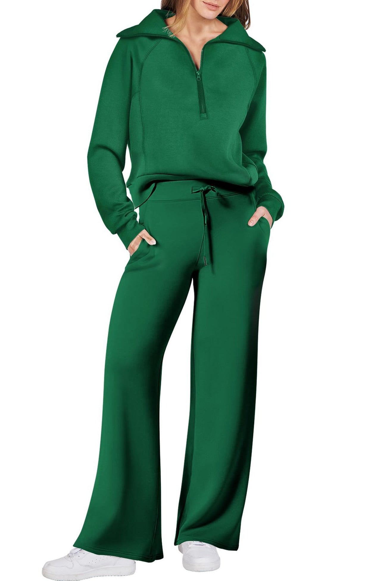 Doris | Wide leg long pants set with lapel zip sweatshirt