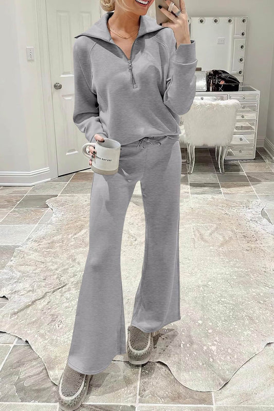 Doris | Wide leg long pants set with lapel zip sweatshirt