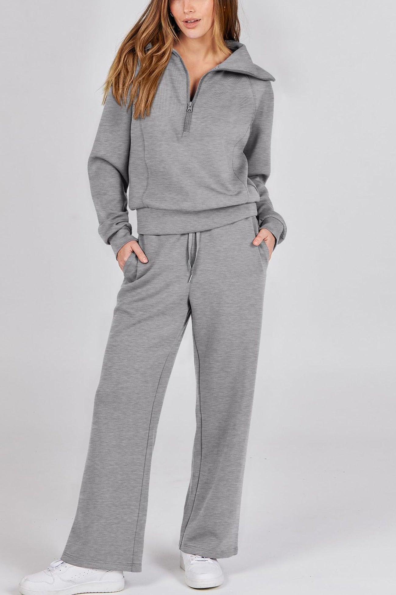 Doris | Wide leg long pants set with lapel zip sweatshirt