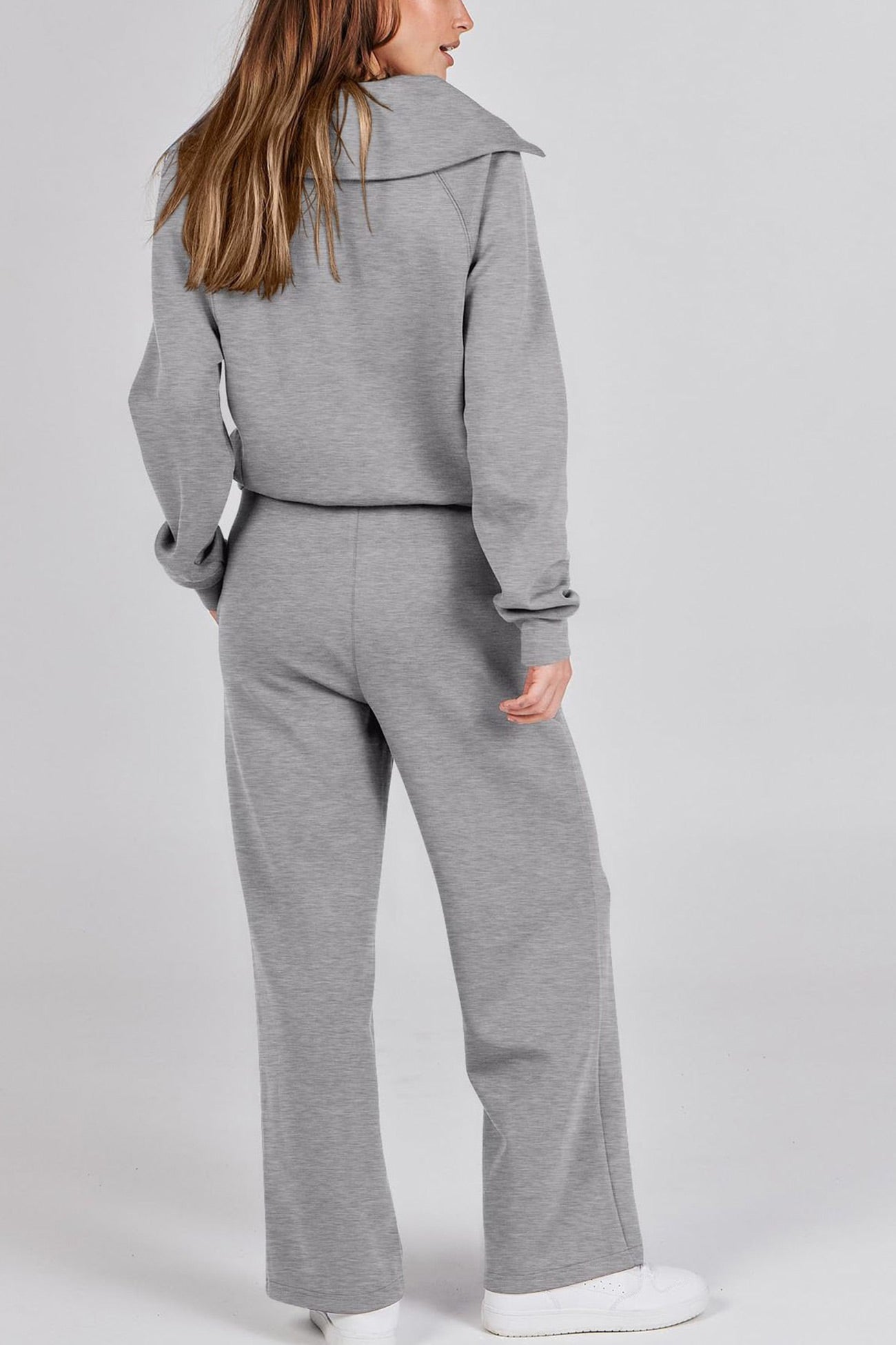 Doris | Wide leg long pants set with lapel zip sweatshirt