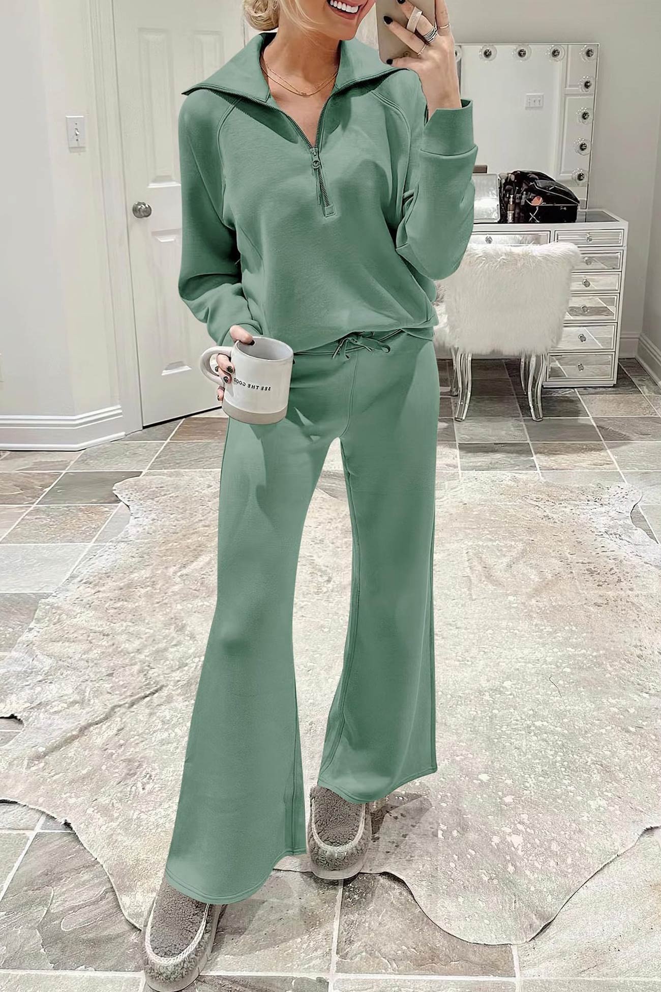 Gabriela | Lapel zip wide leg sweatshirt and long pants set
