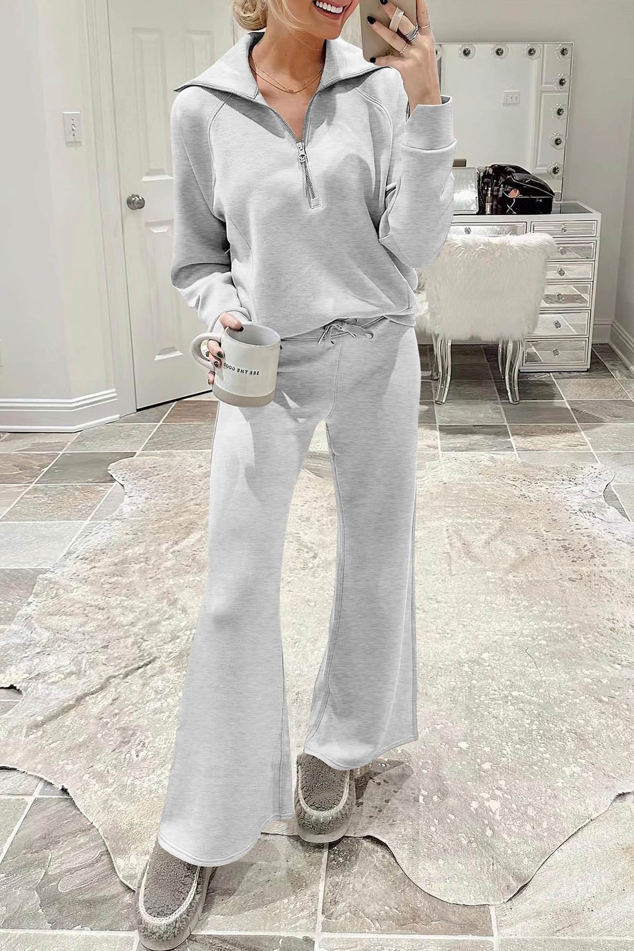 Doris | Wide leg long pants set with lapel zip sweatshirt