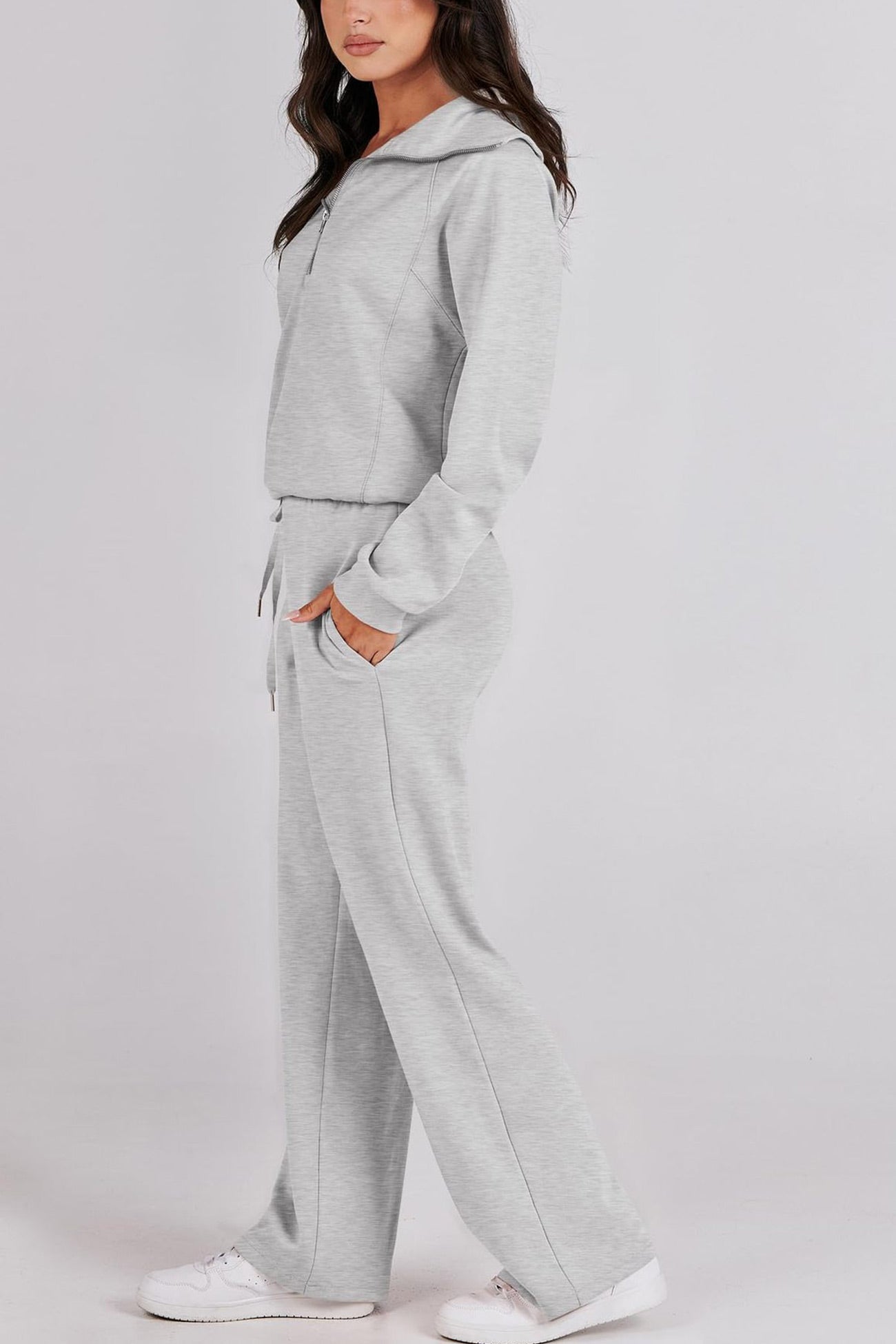 Doris | Wide leg long pants set with lapel zip sweatshirt