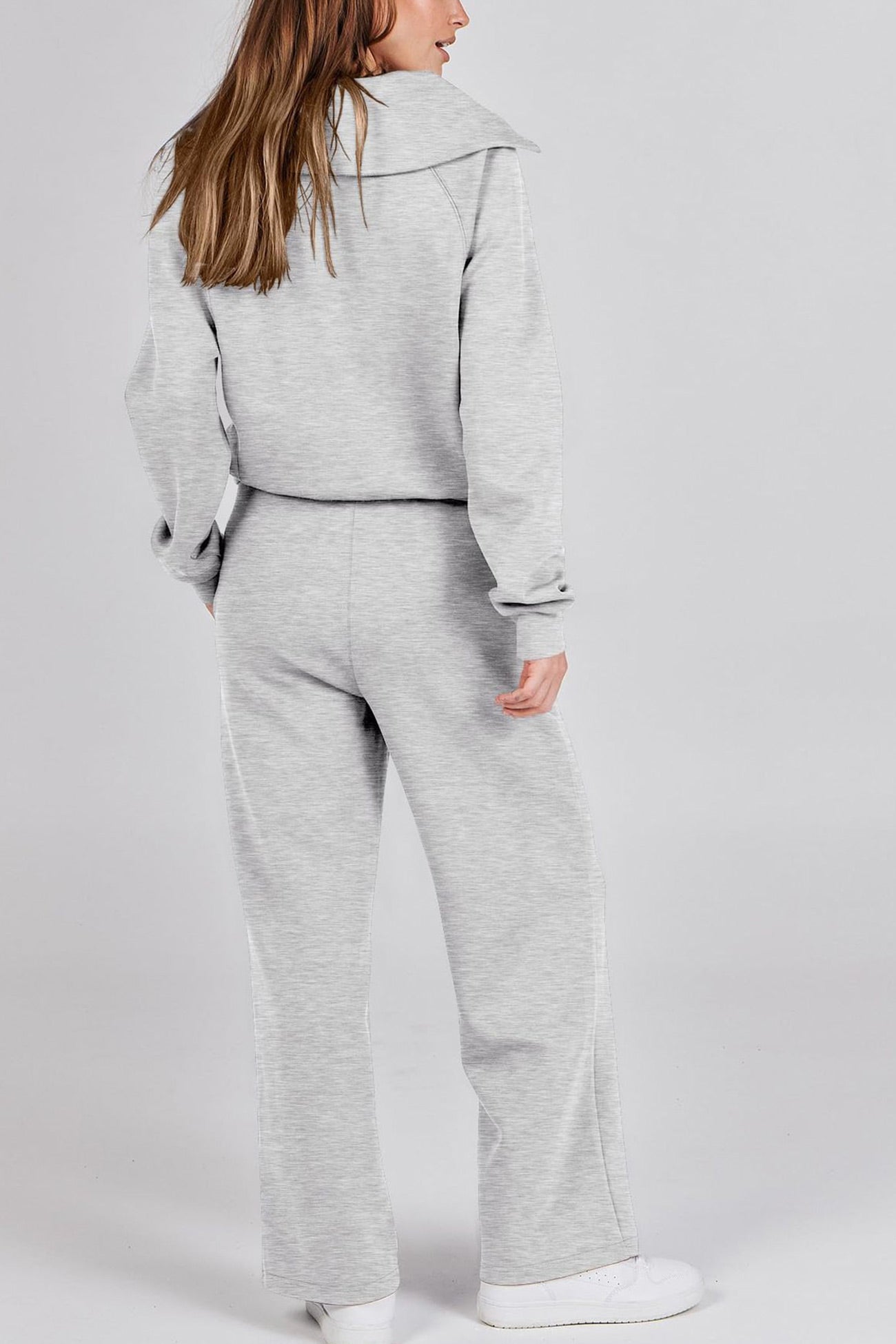 Doris | Wide leg long pants set with lapel zip sweatshirt
