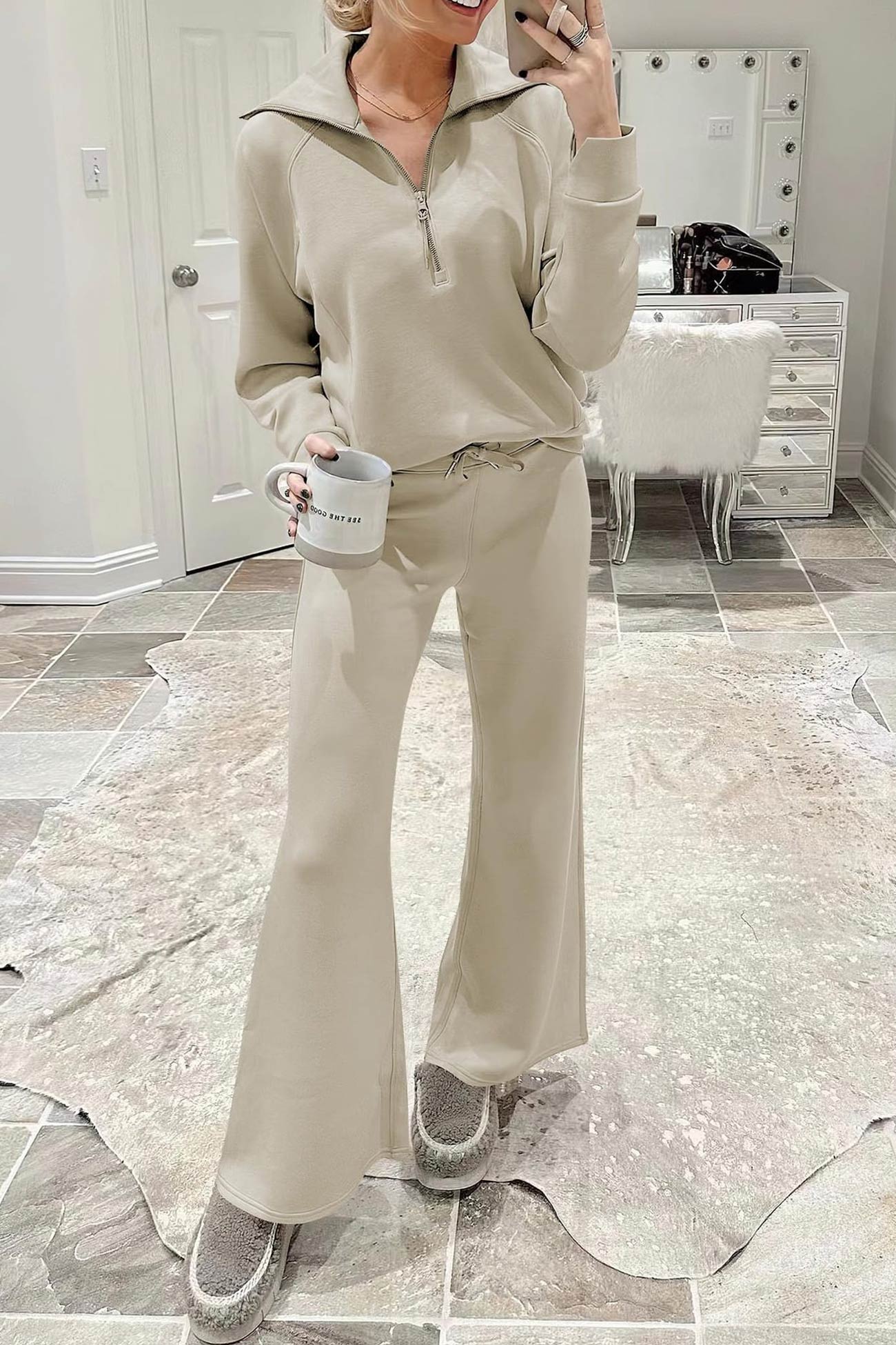 Doris | Wide leg long pants set with lapel zip sweatshirt