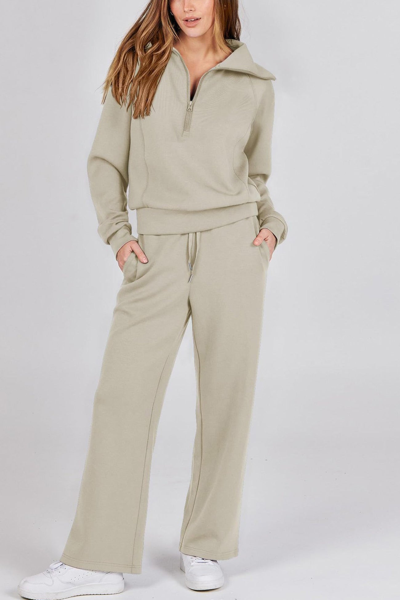 Doris | Wide leg long pants set with lapel zip sweatshirt