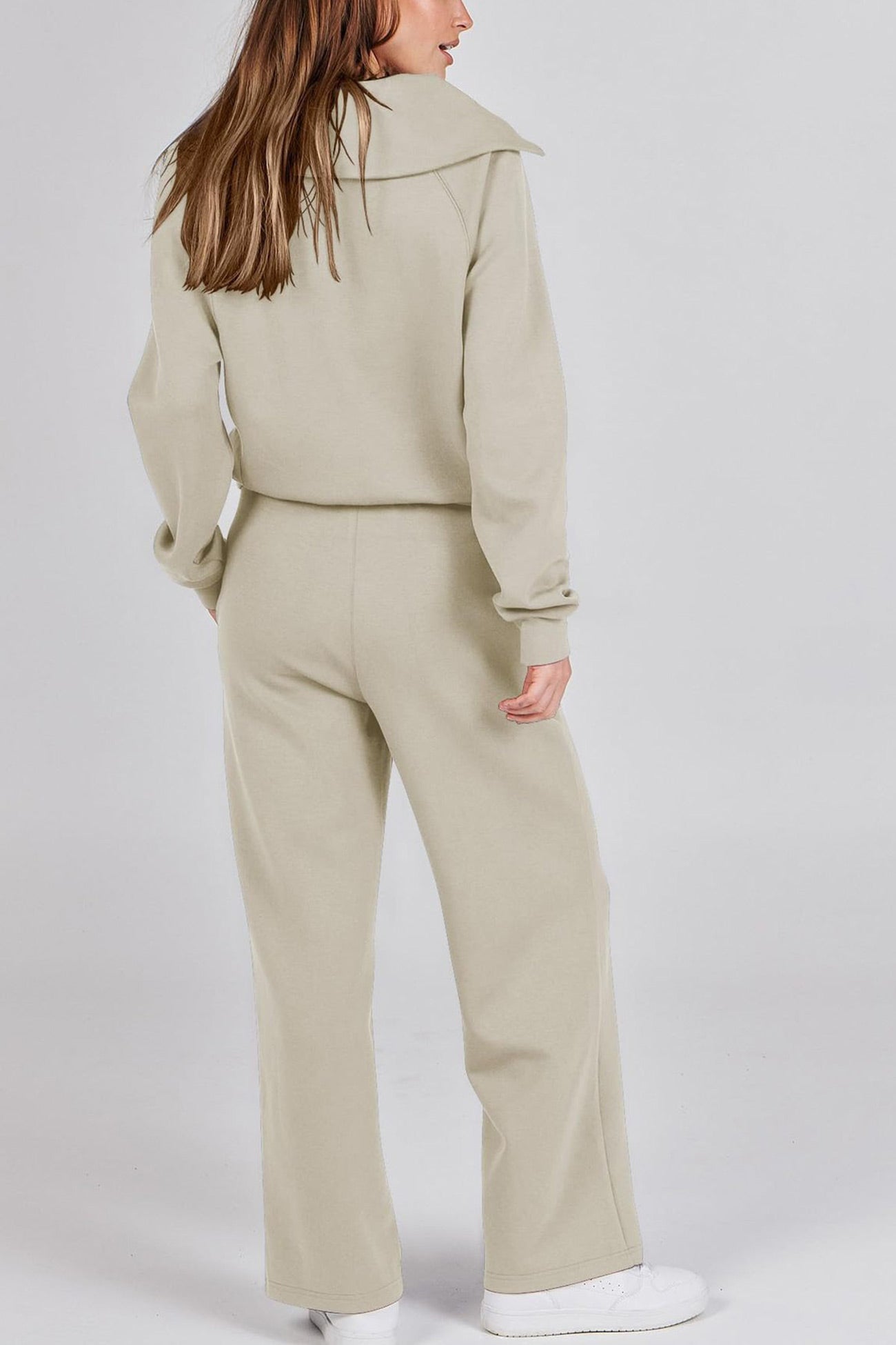Doris | Wide leg long pants set with lapel zip sweatshirt