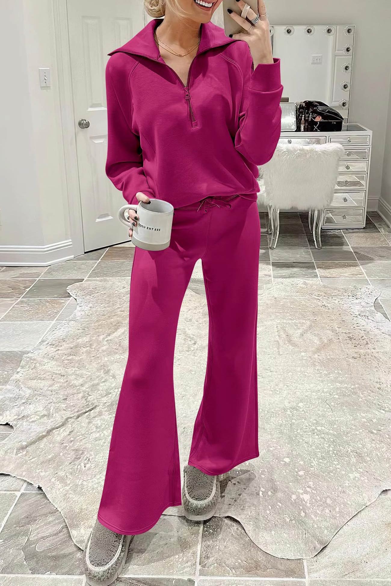 Gabriela | Lapel zip wide leg sweatshirt and long pants set