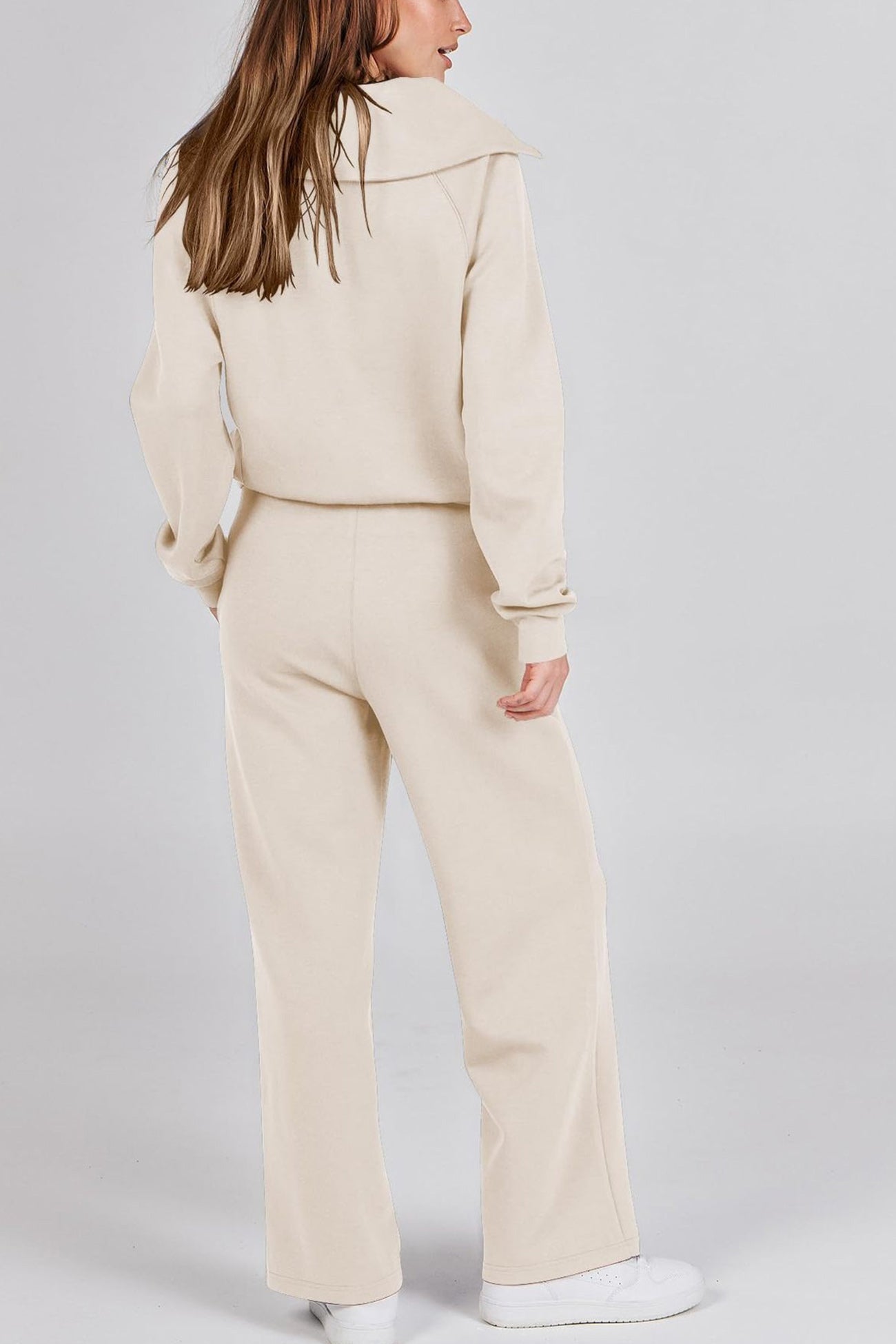 Doris | Wide leg long pants set with lapel zip sweatshirt