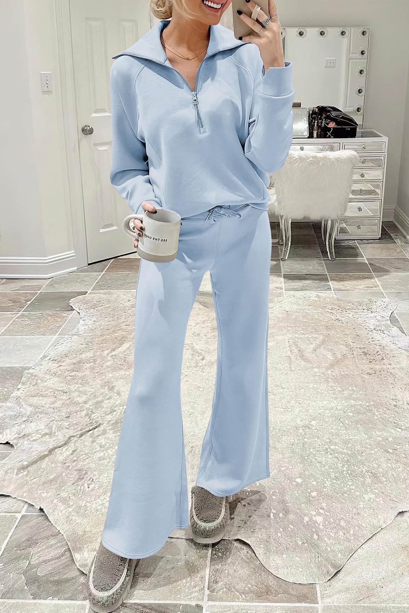 Doris | Wide leg long pants set with lapel zip sweatshirt