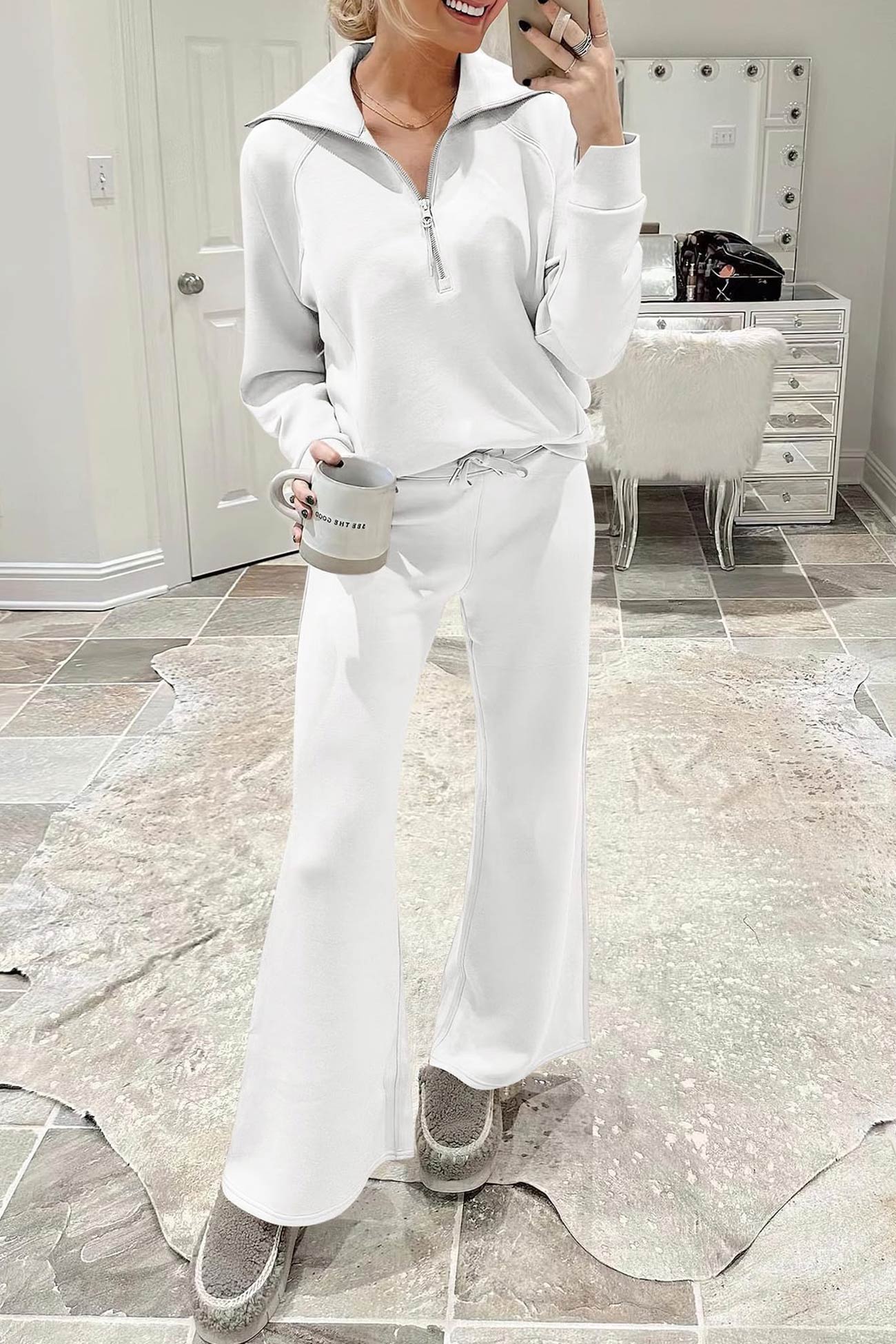 Gabriela | Lapel zip wide leg sweatshirt and long pants set