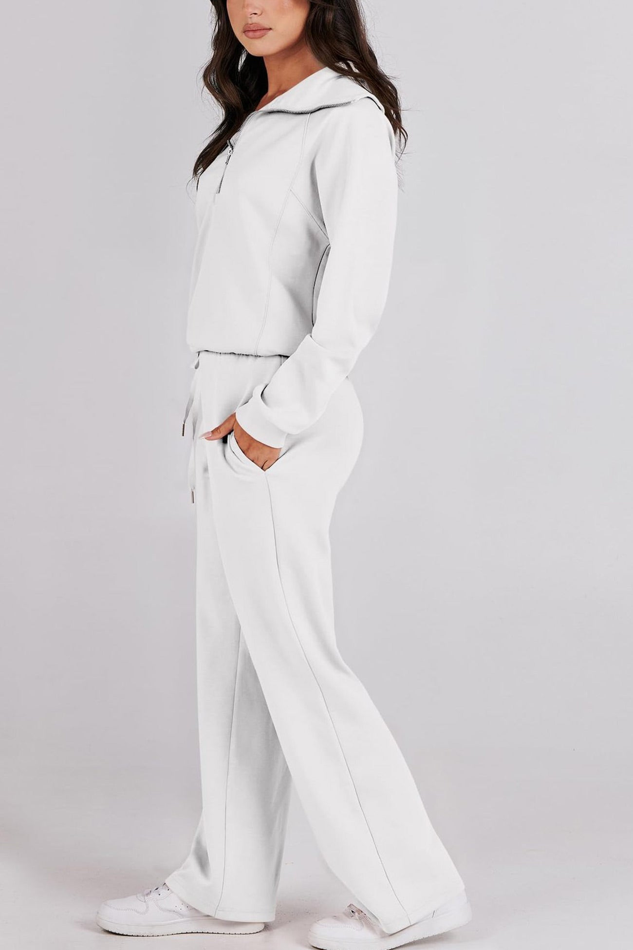 Doris | Wide leg long pants set with lapel zip sweatshirt