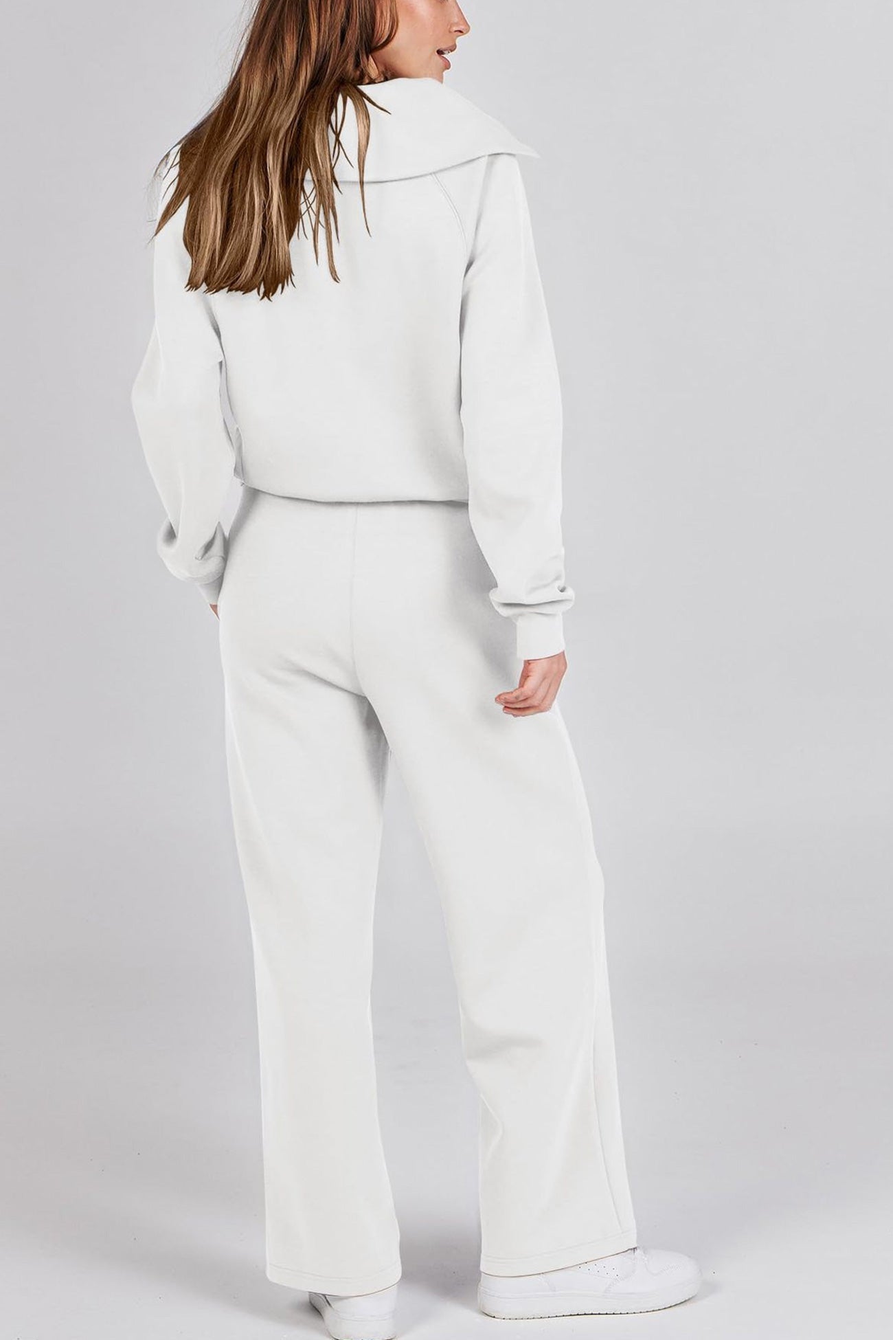 Doris | Wide leg long pants set with lapel zip sweatshirt