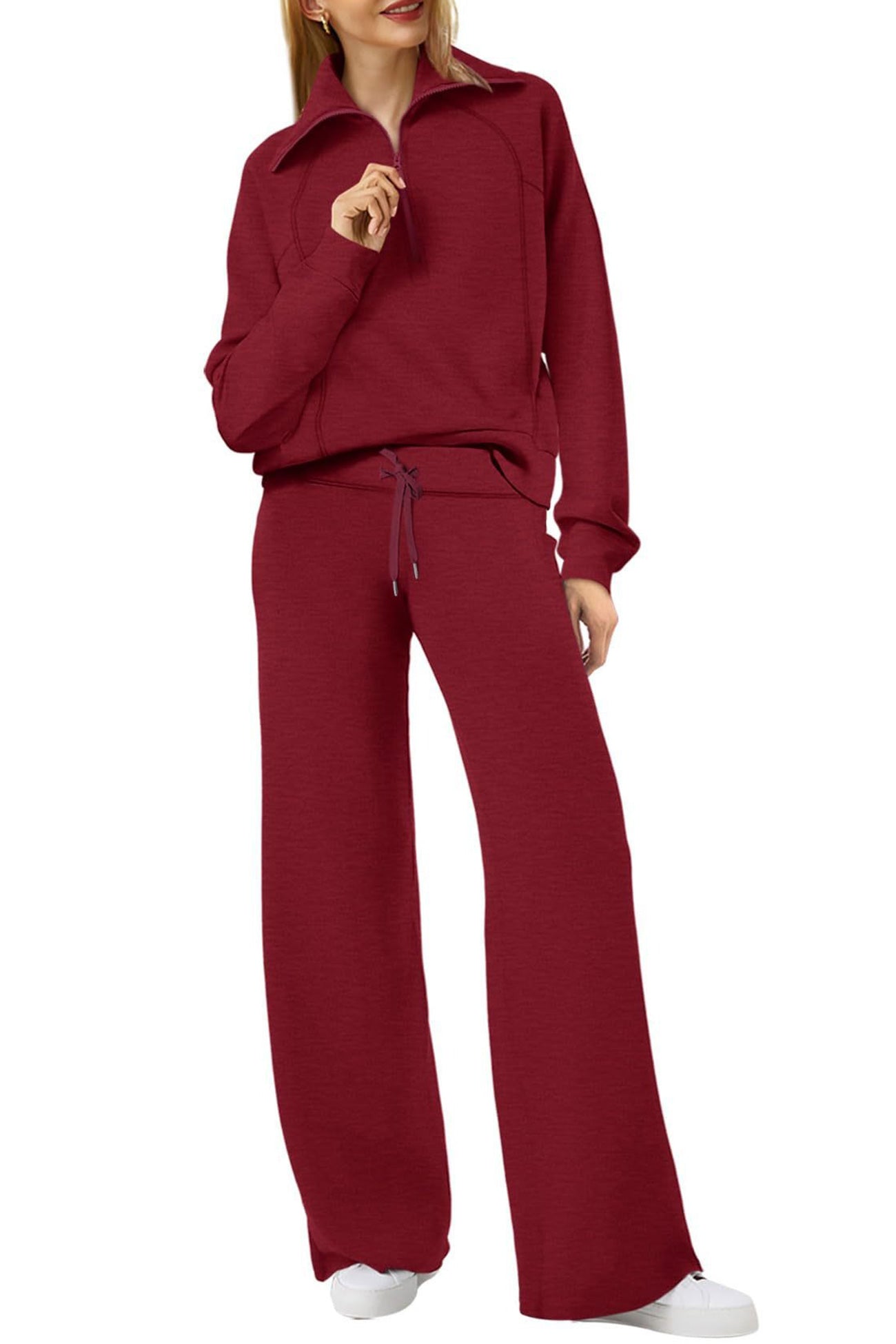 Doris | Wide leg long pants set with lapel zip sweatshirt