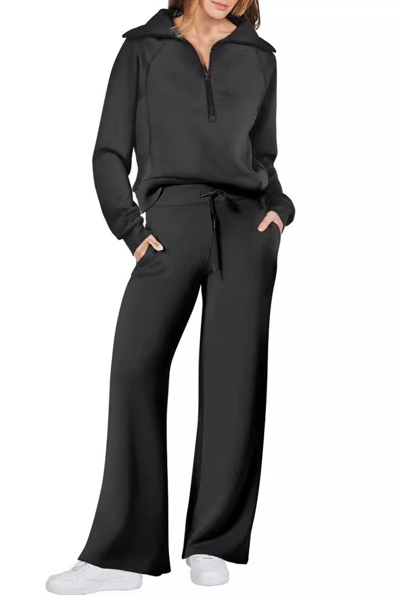 Doris | Wide leg long pants set with lapel zip sweatshirt