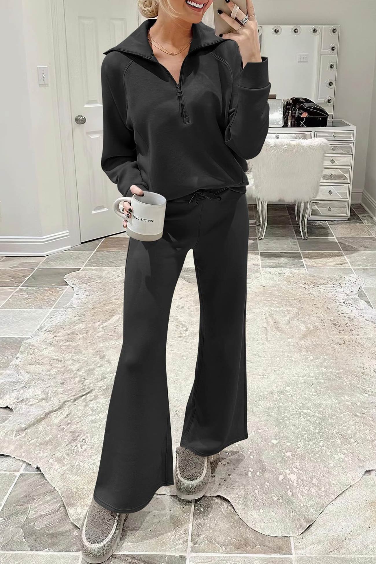 Gabriela | Lapel zip wide leg sweatshirt and long pants set