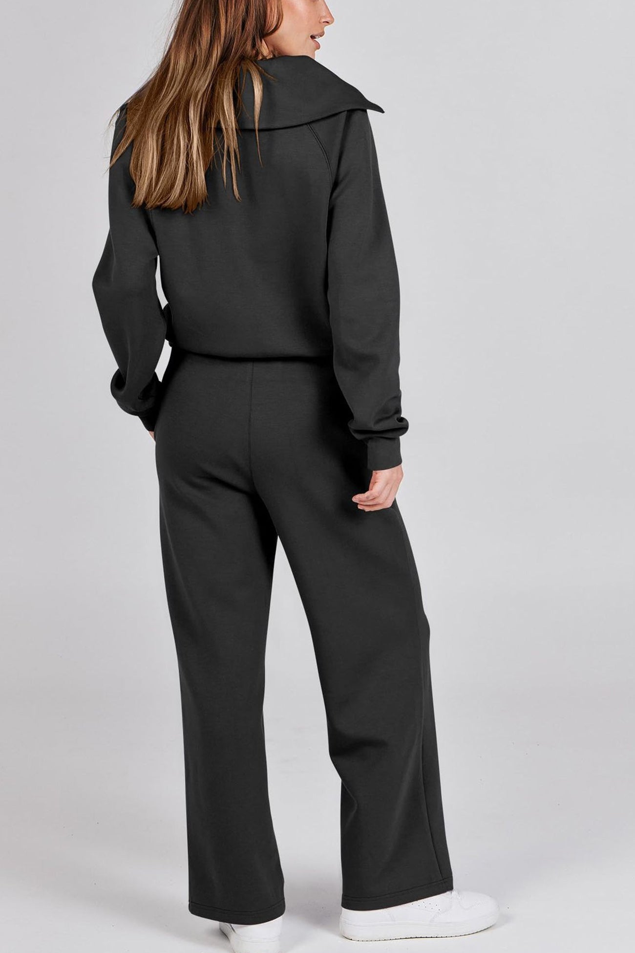 Doris | Wide leg long pants set with lapel zip sweatshirt