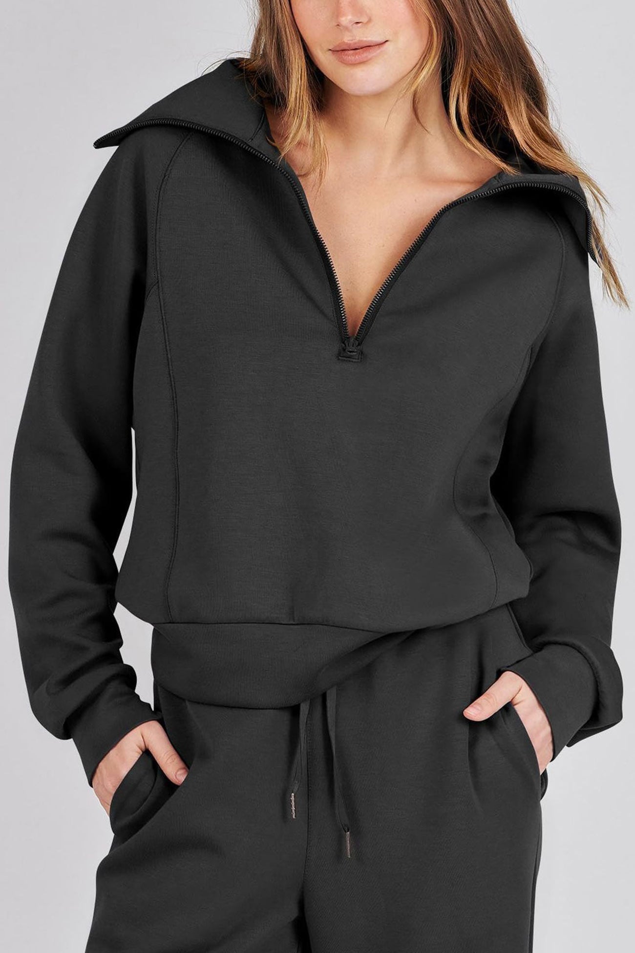 Doris | Wide leg long pants set with lapel zip sweatshirt