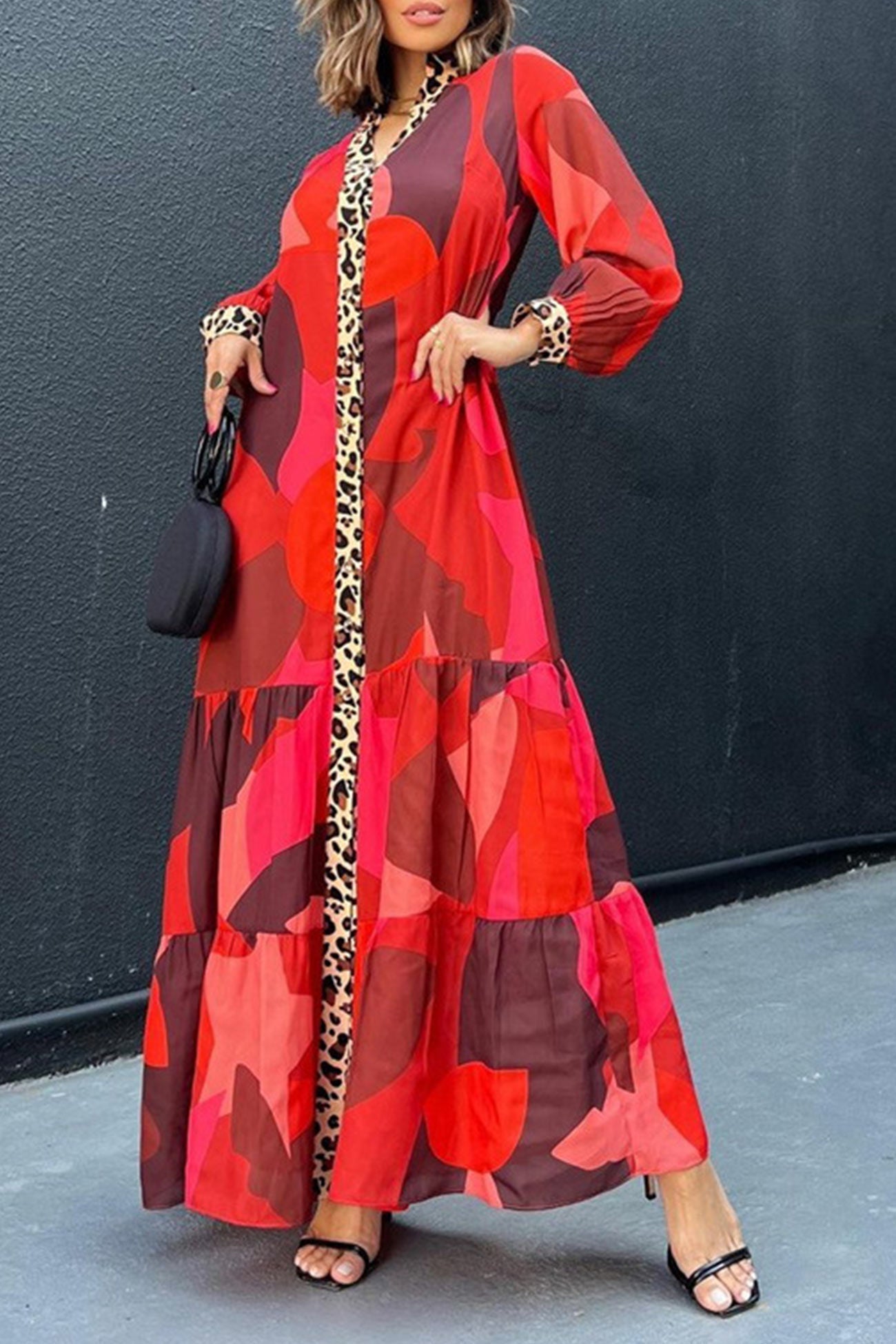 Eliana | Long dress with leopard patchwork and buttons