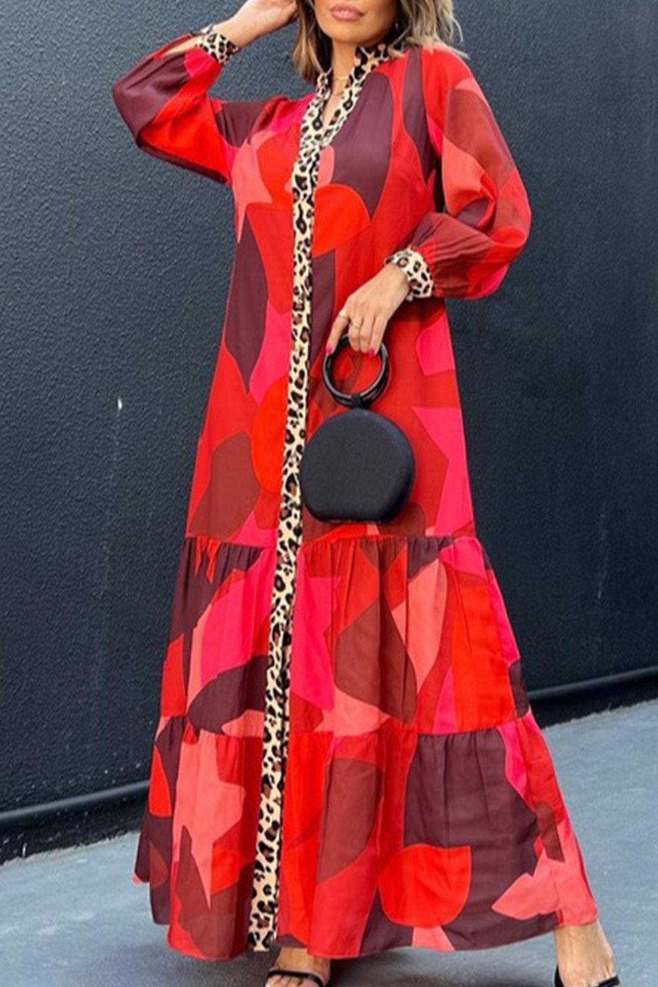 Eliana | Long dress with leopard patchwork and buttons