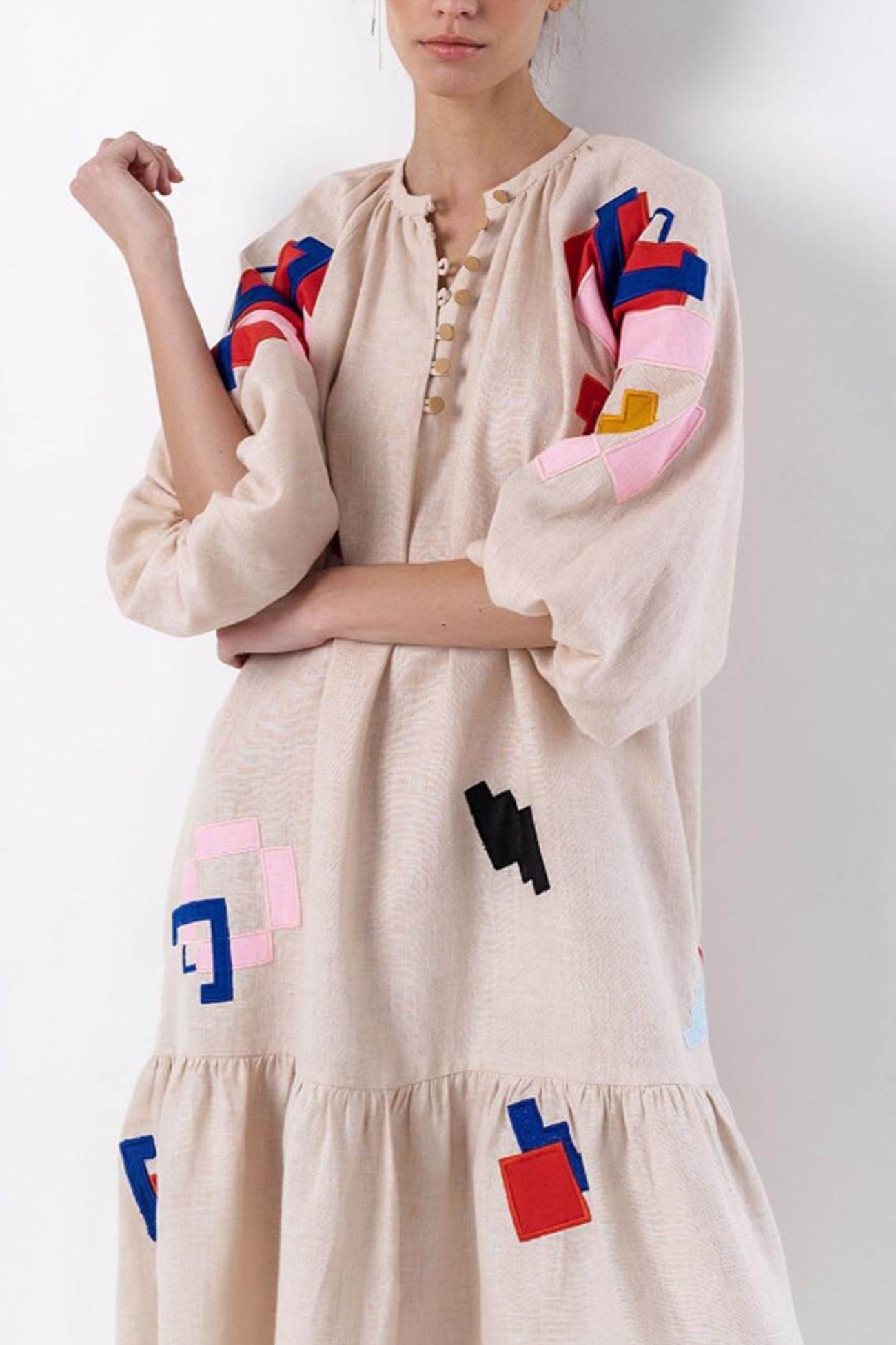Magda | Printed linen dress with lantern sleeves
